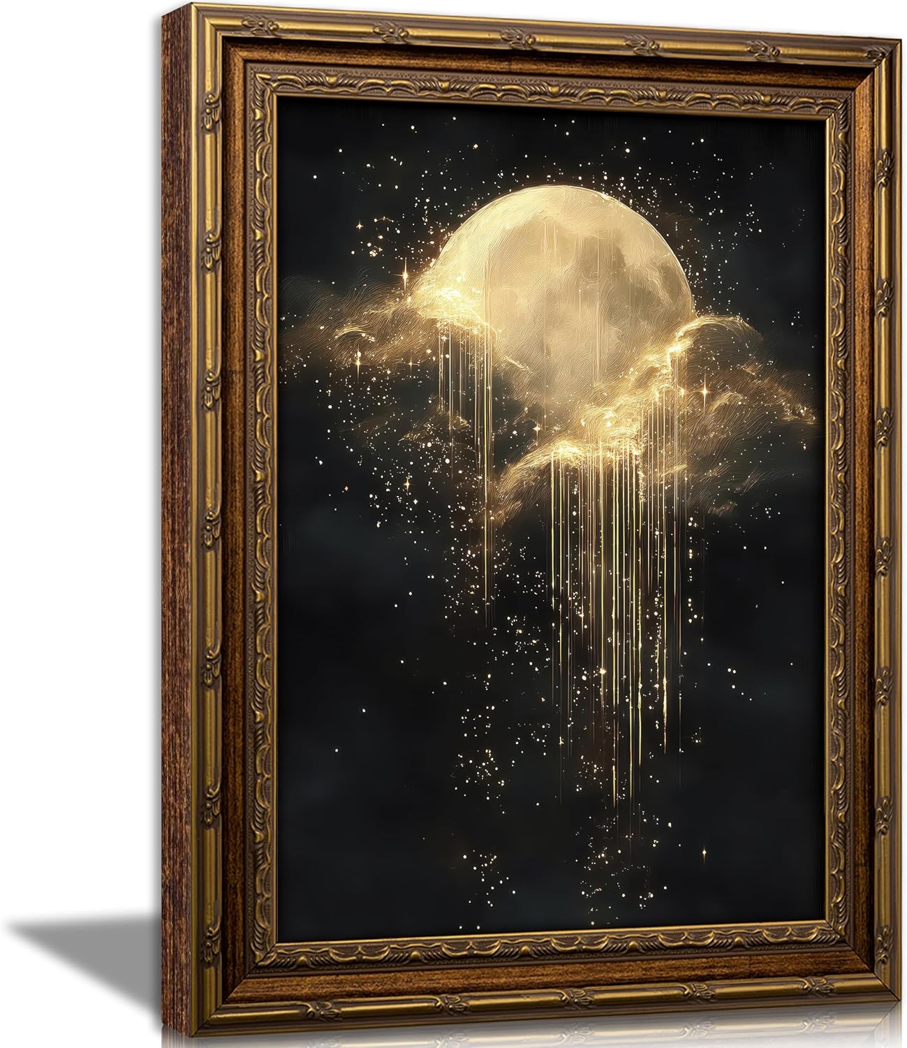 Home Cinema Wall Art - アンティークフレームの天体キャンバスウォールアート、金色の月と星空のキャンバス絵画、レトロなダークスタイルの寝室の壁飾り