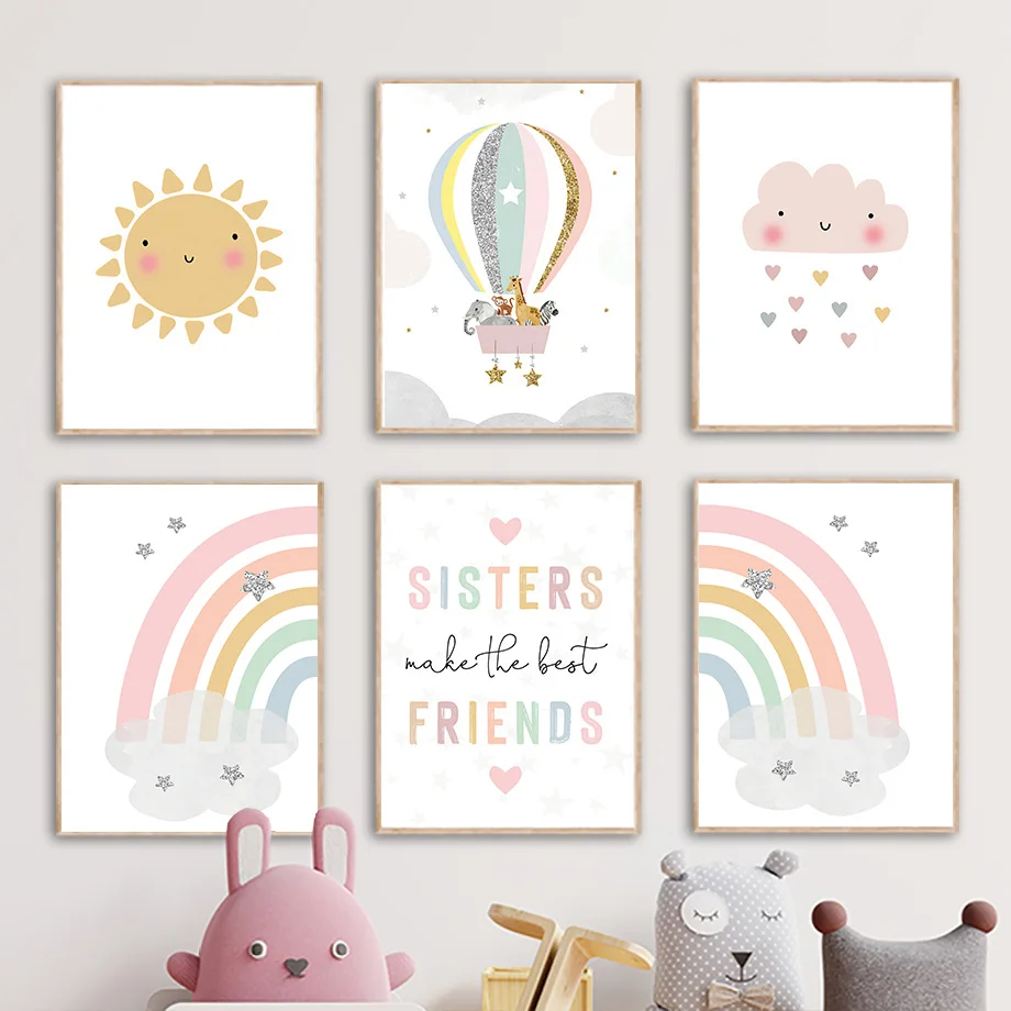 Home Cinema Wall Art - キリン象熱気球太陽虹保育園北欧ポスターやプリント壁アートキャンバス絵画画像ベビーキッズルーム装飾
