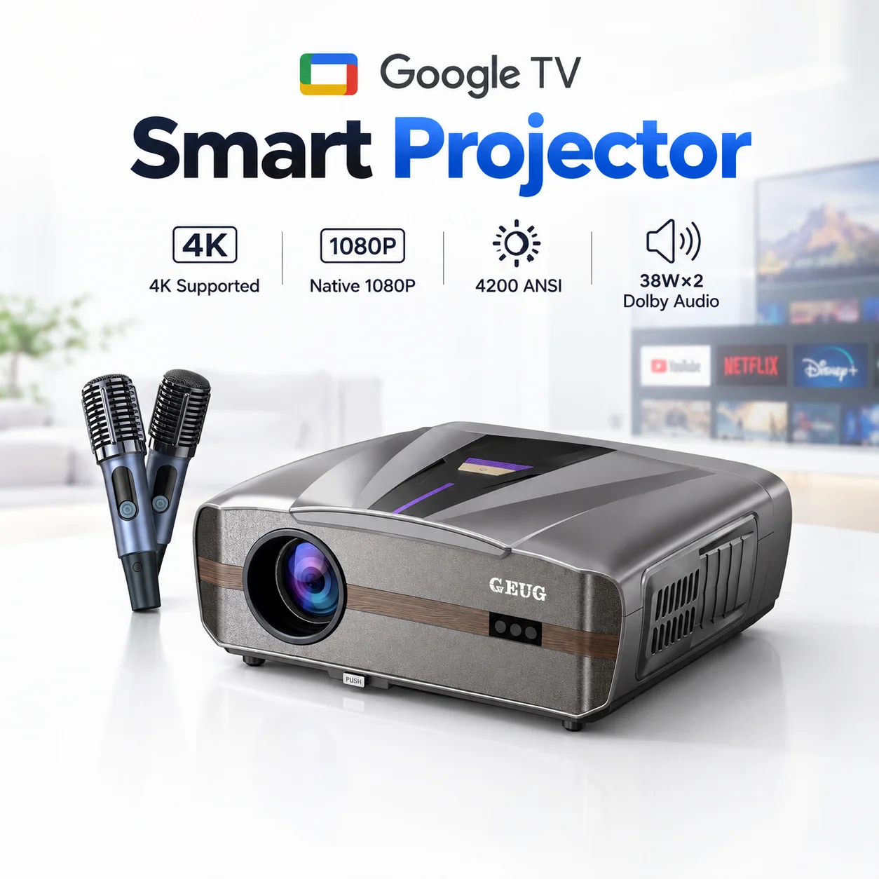 Home Cinema Karaoke Projector - 新型E9 4K UHD 4200ANSIプロジェクター。スマートGoogle TV搭載、オートフォーカス、自動レンズカバー機能、スピーカー2基搭載。Wi-Fi 6対応。映画鑑賞に最適。2026年モデル。