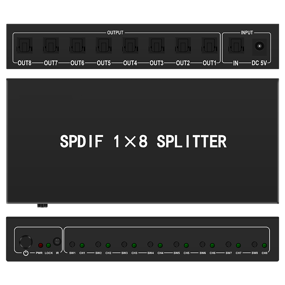 Audio Home Cinema - Toslink-デジタル光オーディオスプリッター,1 in 8出力,光ファイバー,ホームシアター用のpdifスプリッター,スピーカー,プレイステーション,テレビ,DVD再生