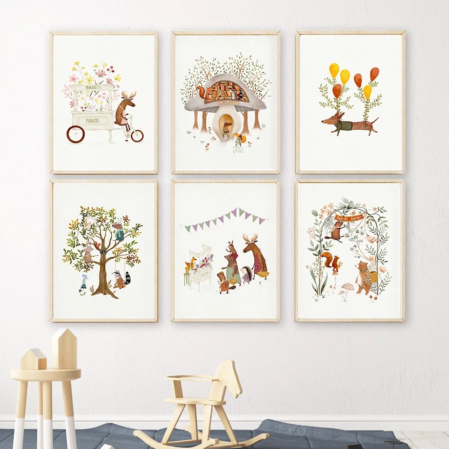 Home Cinema Wall Art - かわいい森の動物イラスト花と植物アートプリント子供用壁アートポスターキャンバスホームリビングルームの装飾