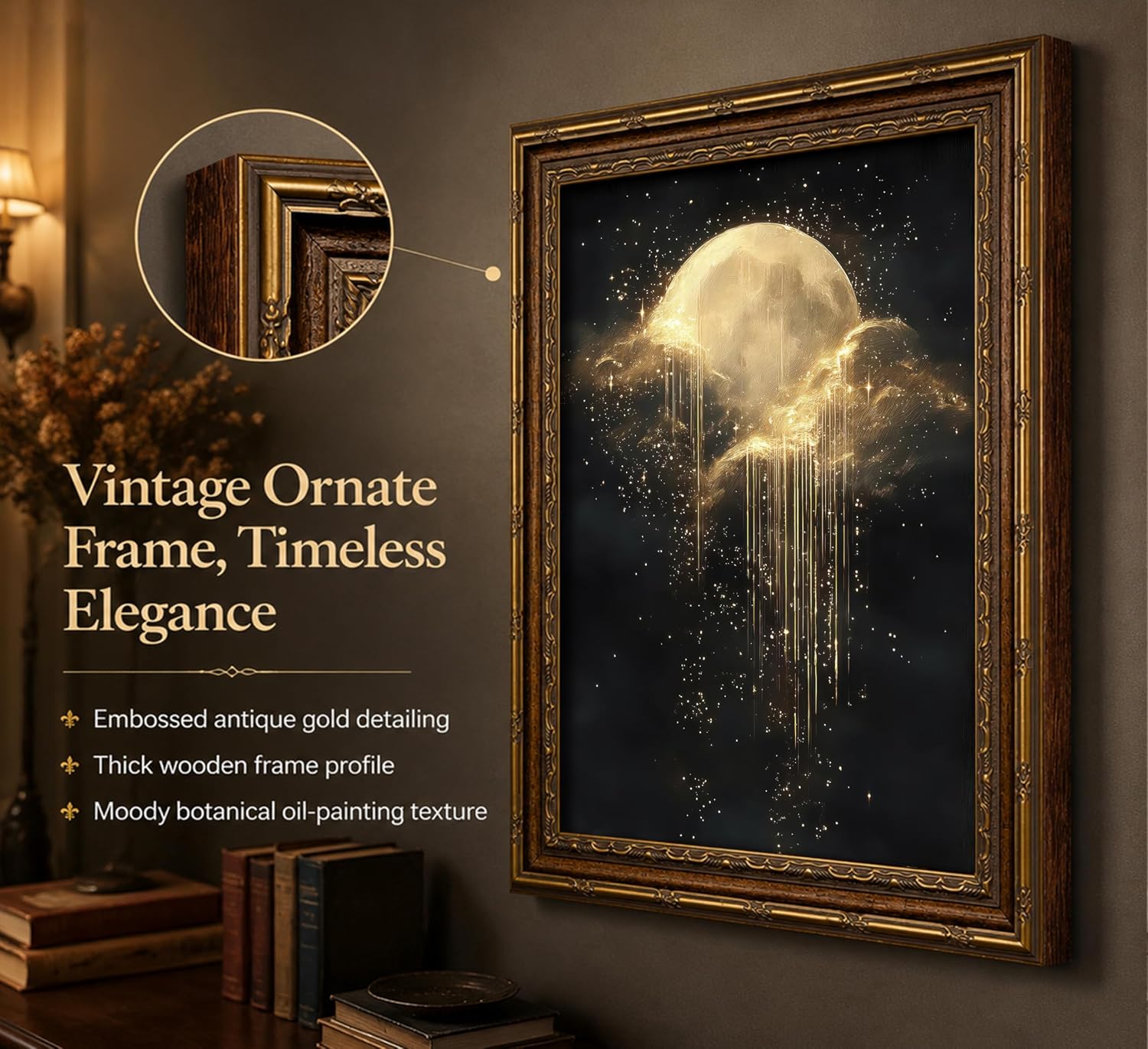 アンティークフレームの天体キャンバスウォールアート、金色の月 - Home Cinema Wall Art のレビューと価格