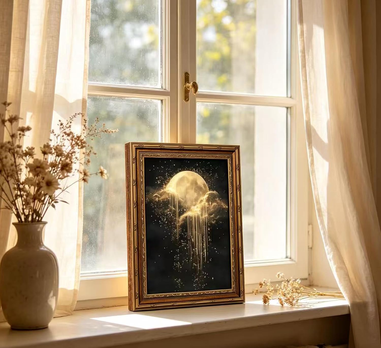 アンティークフレームの天体キャンバスウォールアート、金色の月 - Home Cinema Wall Art のレビューと価格