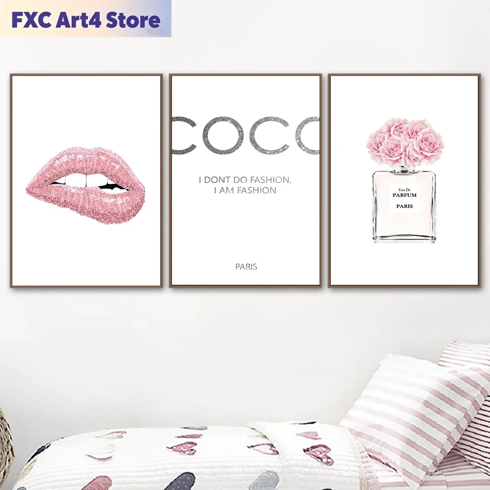 フレームレスファッションフラワー香水ピンクリップスポスターと - Home Cinema Wall Art のレビューと価格